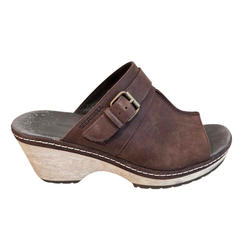 Merrell‎ Women Halendi Slide Sandals Bracken Brown Leather Wedge 8.5 Mule Summer